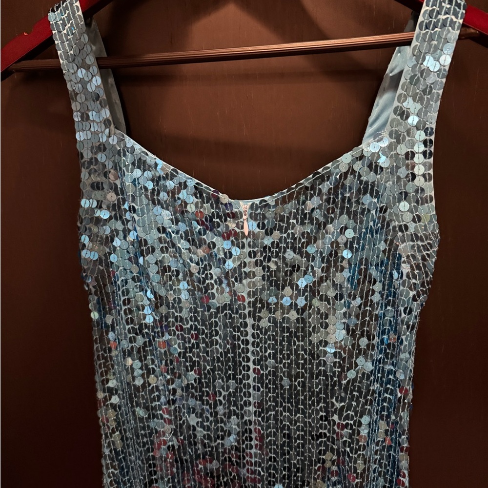 Vintage 90s Turquoise Sequin Sleeveless tank Dress, vintage size 8 / modern 4 - Picture 4 of 6
